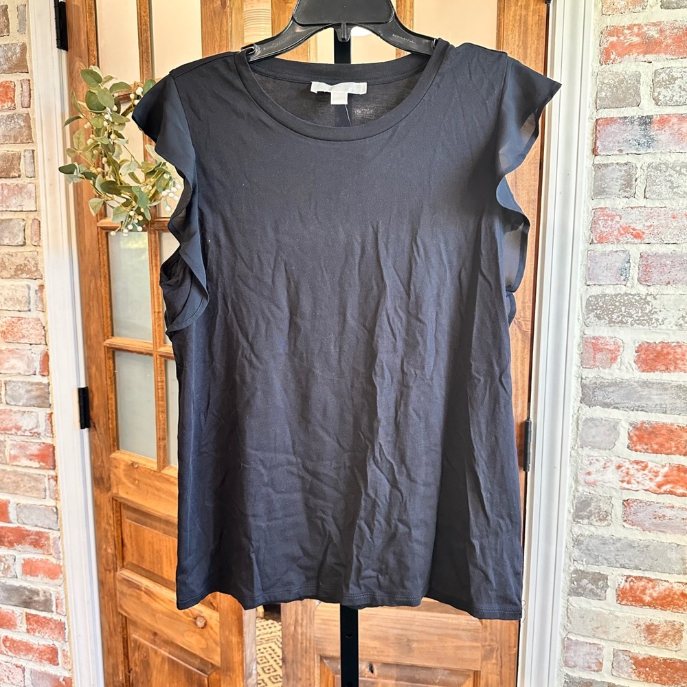 Michael Kors Ruffle Sleeve Top Women Black Cotton Modal Office Basic Chic L